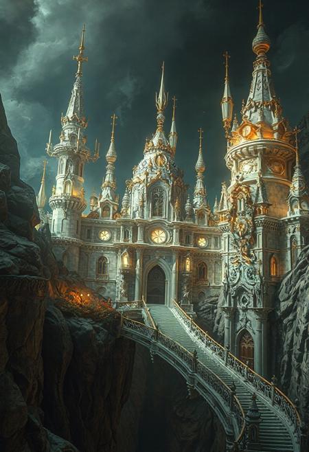 atmospheric realism, surreal fantasy castle, cinematic lighting, hyper-detailed architecture, golden accents, ivory towers, visionary world-building, neo-futurism, classical elegance, dreamy fairytale bridge, moody contrast, painterly textures, impressionistic details, soft surreal lighting, dynamic composition, ornate fantasy environment, whimsical landscape, intricate visual storytelling, soft gold and white palette, futuristic fairytale aesthetic