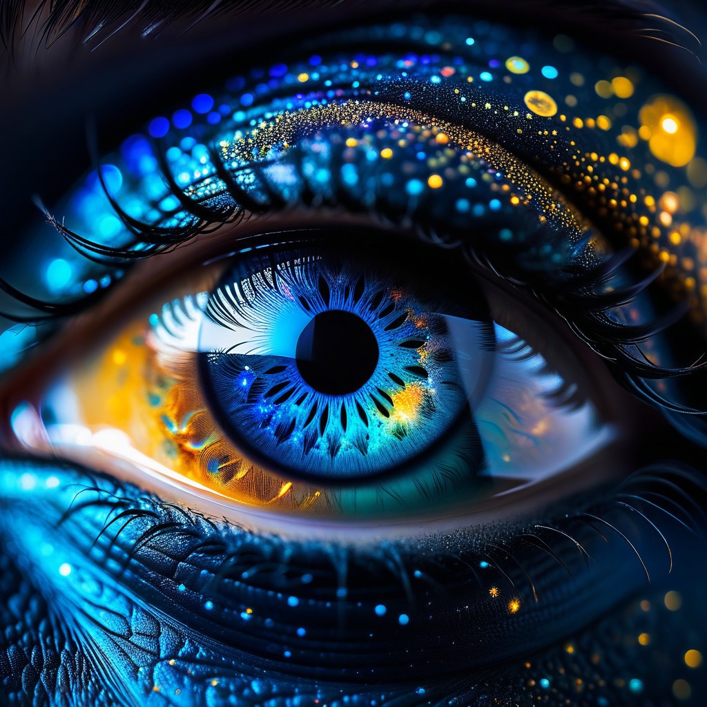 Ultra extreme closeup of a alien eye ((((with beautiful galaxy and space reflecting from it)))), blue skin with golden dots, super macro, colorful, vibrant, view from side, mesmerizing, shallow depth of field, f/1.4, focus blur, beautiful, bokeh, reflections, ultra realistic, dramatic light