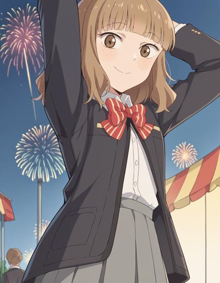 megu, bangs, brown hair, brown eyes, blunt bangs, medium hair, skirt, shirt, bow, school uniform, jacket, white shirt, pleated skirt, striped, collared shirt, bowtie, red bow, black jacket, blazer, grey skirt, striped bow