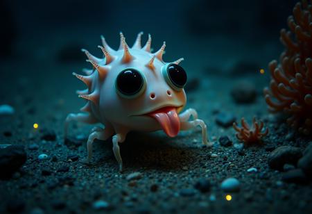 realistic lighting, photo, photorealistic, cinematic still, emotional, harmonious, vignette, 4k epic detailed, shot on kodak, 35mm photo, sharp focus, high budget, cinemascope, moody, epic, gorgeous, film grain, grainy, full body, portrait of a cute adorable deep sea creature in the dark depths of the ocean floor, two large eyes, blob-like body, many pastel colors, tiny spikes, cute tongue sticking out of its wide mouth, many small tentacle arms and legs, shiny, bioluminescent, scurrying on the sandy ocean bottom surrounded by tiny pebbles corals and anemone, points of light from microscopic bioluminescent organisms in the surrounding water light the scene with an ethereal glow,