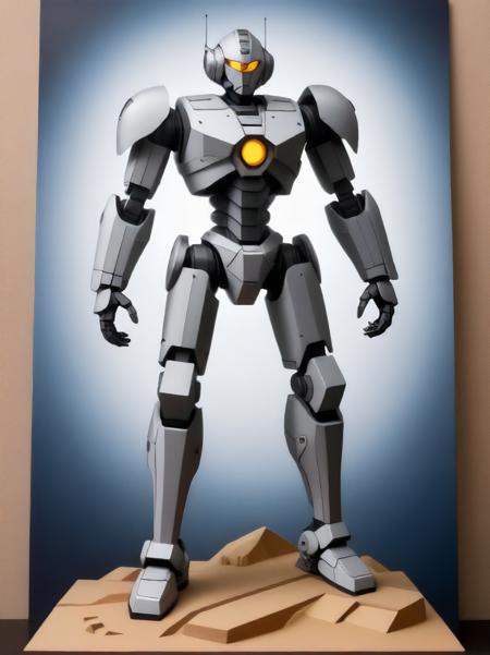 Mech defender, Stacked papercut art, 3D, layered, dimensional, depth, precision cut, stacked layers, papercut, high contrast, alan kenny and camille corot, <lora:more_details:0.8>, <art by mooncryptowow:0.6>,