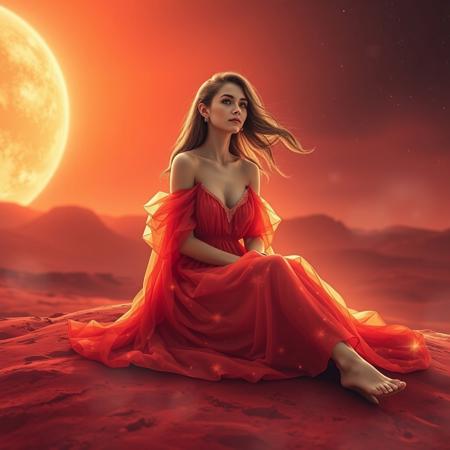 "A celestial girl embodying the fiery and passionate energy of Mars, sitting gracefully on the red surface of planet Mars. Her aura radiates warmth, strength, and confidence, yet her eyes shine with deep kindness and romantic charm. She wears a flowing, cosmic-red dress that blends with the Martian landscape, glowing softly under the distant sunlight. The winds of Mars gently move her hair as she gazes at the sky, filled with cosmic wonders. The atmosphere is mystical, with a dreamy, ethereal glow surrounding her, symbolizing her deep connection to astrology and the universe. A perfect balance of power, love, and cosmic beauty."