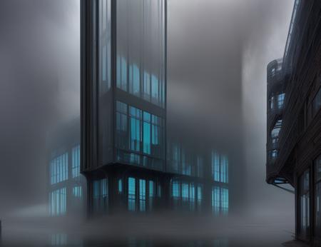 <lyco:DonMWr41th-000013:1.0>  DonMWr41th factory, Steel and glass faade, Towering smokestacks, Modern architectural angles, Reflective windows, Controlled entrance points,darkness, fog, detailed