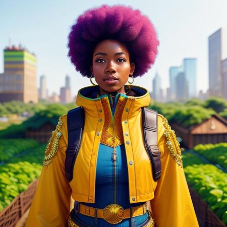 an afropunk woman in a cozy futuristic urban farm in an eco city, style_solarpunk,  High Detail, Sharp focus, trending on artstation, Digital art,