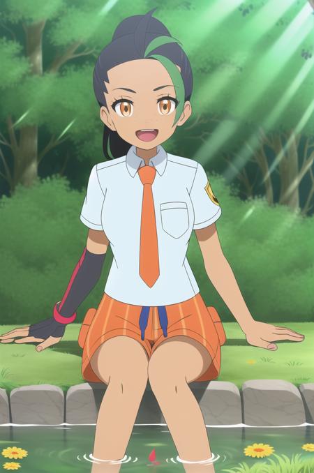 (masterpiece), high quality, (detailed background), 1girl, solo,
<lora:PokemonNemona-v1-05:0.7>, ChopioNemona, black hair, green hair, streaked hair, ponytail, long hair, eyelashes, orange eyes, freckles, (looking at viewer:1.3),
mature female, medium breasts, long legs,
outfit_1, light blue shirt, collared shirt, orange necktie, short sleeves, breast pocket, red elbow glove, fingerless glove, single elbow glove, orange shorts, striped shorts,
grass, pond, splashing, sunny, light rays, sparkles, lens flare, full body,
smile, happy, open mouth, teeth, high angle shot, sitting, soaking feet,