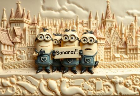 A high-relief medieval ivory carving scene featuring the Minions from *Despicable Me* standing together, each holding a sign that says "Bananas!". The background is a bustling medieval city with castles. The surface has intricate textures and smooth finish.