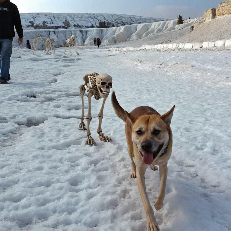a dog is walking in the snow with a skeleton, the face emerges from pamukkale, year 2 8 6 6, cat furry, photo of poor condition, kardur\'s vicious return, 240p, real photo, necromancy, baris yesilbas, nature documentary, google maps, aftereffects, xray, kebab <lora:badquality_v02:1>