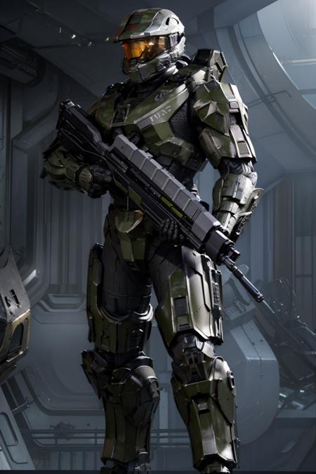 mecha, realistic, science_fiction, weapon, solo, 1boy, holding, standing, male_focus, holding_weapon, armor, gun, helmet, holding_gun, rifle, assault_rifle, power_armor, bullpup<lora:masterchief:1>