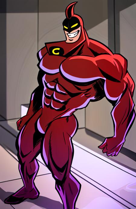 crimson chin  crimson chin, crimson_chin, 1boy, male focus, muscular, solo, yellow eyes, abs, smile, teeth,big chin, smirk, grin, standing, full body, muscular male, bodysuit, mask, glowing yellow eyes, human face, human mouth, lips, pectorals