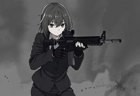 hyperrealistic black and white gritty in the real world photograph of a serious, not cutie, anime girl in a serious black suit holding and aiming an assault rifle, firing at enemy