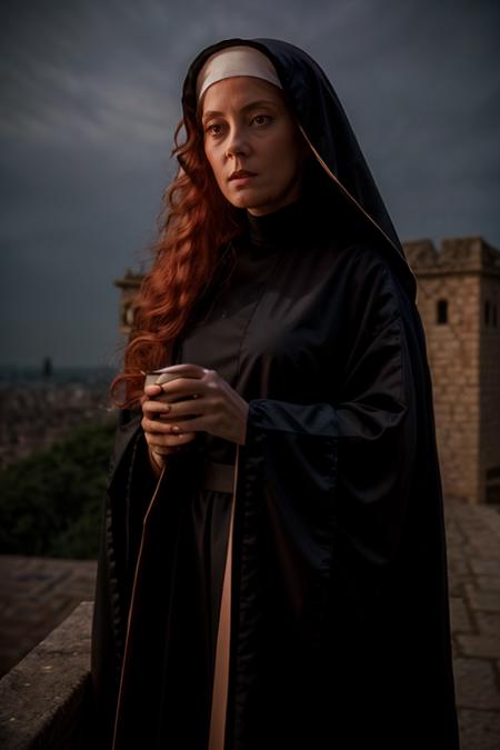 nun costume ,  tower , dusk  <lora:Susan_Sarandon:1> masterpiece, best quality, detailed face, solo, a woman, mature s1873s, red hair, long_hair, looking_at_viewer