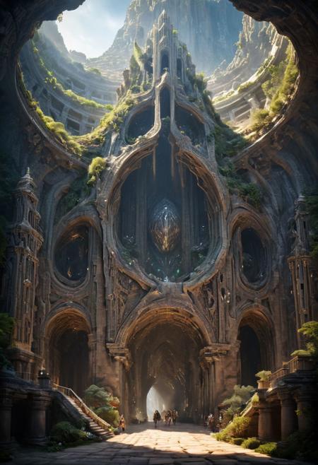 (POV view , DOF, first people view from the entrance, low angle shot:1.4),
(Ancient civilization, Alien Prometheus movie scene, dune movie scene:1.5), 
Emerging from the embrace of shadow, the last wanderer steps into a realm woven by the gods. In an ancient ruin that breathes secrets, their journey unfolds as the universe unveils the dance of light and darkness. Fighting the Forgotten Guardians and pursuing the Cone Relic, they tread a path of danger and awe. From the silent depths of the catacombs to the star whispers of ancient observatories, every discovery peels back the veil of reality. Facing the guardians of the abyss, seeing the majesty of the crystal dragon, the last wanderers embrace their destiny, not as a harbinger of redemption, but as seekers in the labyrinth of time, a mystery that echoes the eternal questions of existence itself.
(Large Files, Ultra Realistic, 8K, 16k, FHD, HD, VFX, Perfect, Photography, composition, Architecture Sales Photography, Architecture Competition, Ultra High Resolution, Cinematography, High Resolution Image:1.1), (dramatic lighting, direct sunlight, ray tracing, clear shadow:1.2),  (real landscape:1.1), (blurred background:1.0), (urban background, more_details) ,
extremely detailed, hillscastel, <stardeaf-cold-arc>, great lighting, clear, Neo Classic