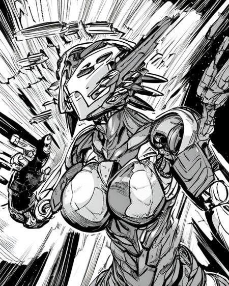 <lora:BaalBuddyStyle:1>, greyscale, monochrome,
a female robot, articulated limbs, firing her lasers