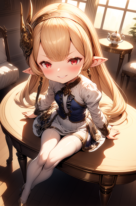 granblue fantasy maglielle harvin lalafell blonde long hair red eyes pointy ears small breasts thick thighs hairband