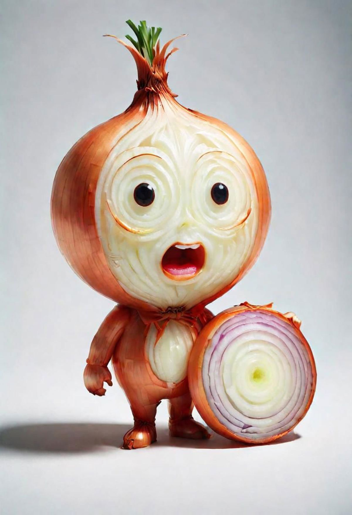 A creepy onion baby holding a giant onion.