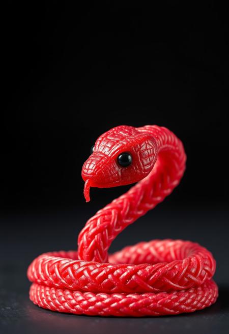 "Hyper-realistic, intricately detailed depiction of a cute snake, crafted entirely from twisted, chewy strands of Twizzlers red licorice. The snake's body, made from a series of intertwined licorice strands, features a textured, rope-like quality, with every twist and turn meticulously rendered. The licorice's deep red color is vibrant and lifelike, with subtle sheens and highlights adding to the realism. The snake's eyes, made from tiny, shiny licorice dots, seem to sparkle with mischief, while its tiny mouth is formed from a delicate, curled licorice strand. Every detail, from the snake's scaly texture to its playful, coiled pose, is crafted with precision and realism, making it seem as if the snake might slither off the page at any moment. Style: hyper-realistic, highly detailed, and richly textured, with a focus on capturing the tactile, chewy quality of the Twizzlers licorice snake."
