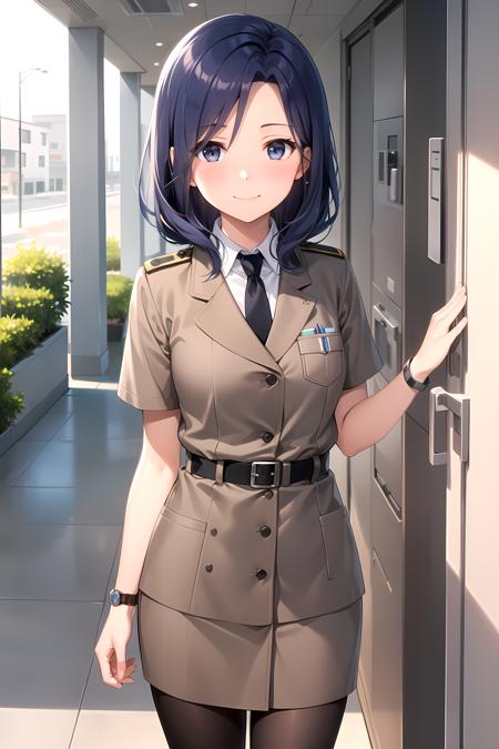 best quality, masterpiece, detailed,
<lora:HighSchoolFleet_FurushouKaoru_1:0.9>, FurushouKaoru,
1girl, closed mouth, light smile,
blue hair, blue eyes, long hair, 
military uniform, brown jacket, breast pocket, necktie,  short sleeves, wristwatch, belt, pencil skirt, pantyhose,
standing, looking at viewer, facing viewer, arms at sides,
hallway, science fiction