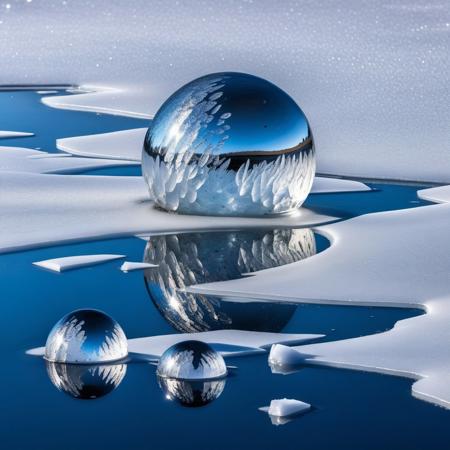 this is formed mercury mirrored spheres embedded in quartz formation in a frozen lake with crystal ice, magnificent abstract modern polarity