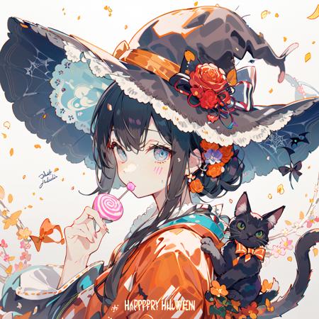 (masterpiece:1.2), best quality,PIXIV,Sweet girl portrait,
1girl, lollipop, food, bow, candy, striped bow, hat, flower, halloween, hair ornament, solo, japanese clothes, witch hat, striped, holding candy, kimono, looking at viewer, holding lollipop, happy halloween, cat, holding, rose, black cat, spider web, bangs, signature, black headwear, silk, holding food, sash, hair flower, bat (animal), upper body, obi, facial mark, animal, hat bow, grey hair, blue eyes, orange bow, jack-o'-lantern, black bow, heart, english text, wide sleeves, grey background, hair bow, white bow, looking back
 <lora:Sweet girl portrait_20231030170647-000018:0.8>