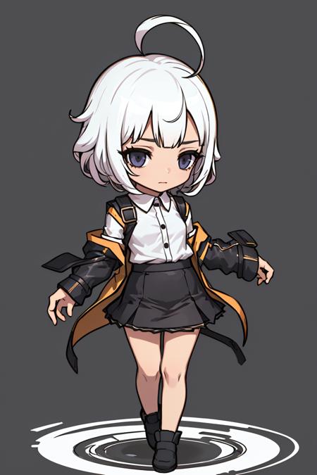 (best quality), (masterpiece), (Chibi), (1girl), (solo), (female focus), (ahoge, white hair, short hair), black eyes, ((white shirt), (buttoned shirt)), ((black skirt), (short skirt)), standing, white background, arms behind back