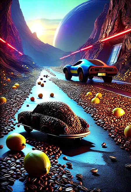Dusk, Out Of Time, Highway, Dreamland, Spaceship made of coffee beans, Hunted, Lies, Nowhere, Lemons, Player, Chaos, 
3d-rendering, concept-art, digital, dreaminess, futuristic, multimedia, virtual-reality, 
eeriness, fantasy, other-worldliness, science-fiction, surreal, colorful, sci-fi, technological, alien worlds, space themes, advanced civilizations, 
intricate details, highly detailed, ultra-detailed, absurdres, unreal engine, octane rendering, high contrast, vivid, vibrant, volumetric lighting, sharp focus,