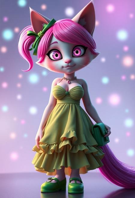 Realistic 3d Pixar , Cat girl with neon pink hair that reaches the floor, sparkling pale pink eyes, voluptious, big boobs, wearing a short, slutty, green sundress with a ridiculous amount of frilly ruffles on the hem, cleavage, cute face, ribbons in hair, green Mary Jane shoes, green cross body purse,  glow, god rays, ethereal, dreamy, heavenly, otherworldly, dream-like, breathtaking, captivating, divine, Bioluminescent, realistic 3d, hd 4k 8k high definition best quality