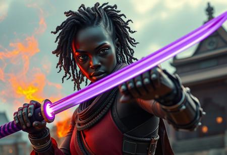 (A cinematic shot of a beautiful african cyborg, detailed face features, curly hair, one prosthetic arm, holding a purple glowing mace by the handle in defensive pose, orange haze around the katana blade, best quality, amazing details, temple in background:1.2)