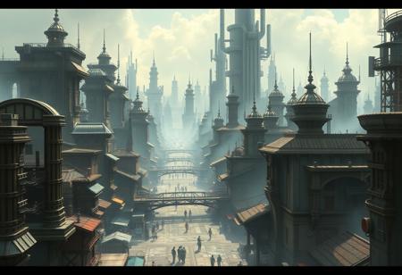 A highly detailed, photorealistic image of an urban fantasy style cityscape
