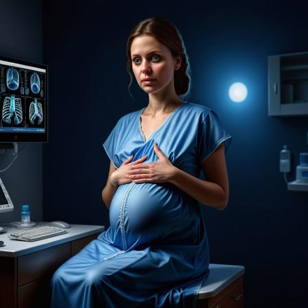 Ultra realistic color pencil  image of a 8 month pregnant woman in a hospital gown, in the doctor's office getting a health checkup.
BREAK
Deep dark intense midnight blue misty background, Dark theme, dynamic lighting, (soft shadows), (soft focus), (photo realistic), uhd, 8k