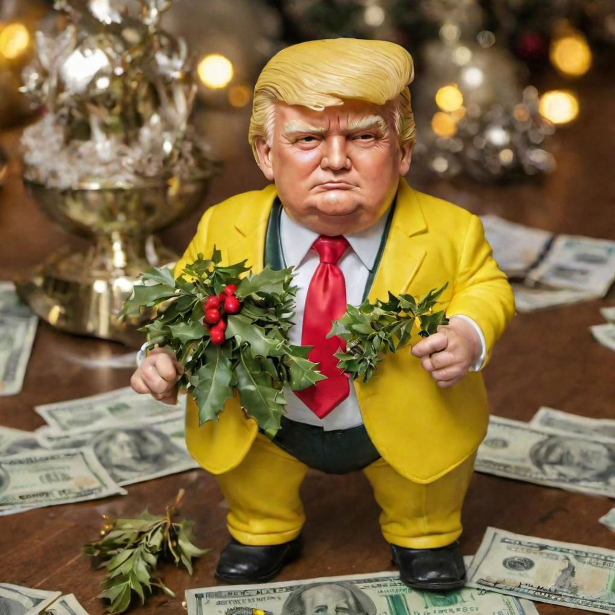 A Trump Doll with a Red Tie and a Wreath.