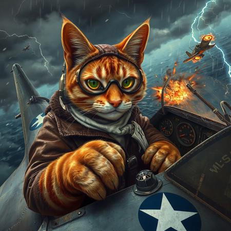 A hyper-detailed cockpit view of an anthropomorphic tabby cat piloting a P-51 Mustang in a fierce WWII aerial battle above a stormy ocean. The cat focuses intensely, gripping the controls, as enemy planes trail smoke and tracers streak past. Lightning flashes illuminate the chaotic sky, casting dramatic shadows across the cockpit.
Cat Pilot: The orange tabby wears a brown leather flight jacket with a shearling collar, white silk scarf knotted at the neck, and a snug leather cap with ear holes, adorned with a faded squadron patch—a claw clutching a lightning bolt. Aviator goggles reflect the glowing dials, their lenses scratched from prior missions. A small oxygen mask fits its muzzle, and a headset with a tiny microphone rests over its ears. Its gloved paws—one on the throttle, one on the stick—show dexterity, with claws slightly extended in tension. Whiskers twitch, and its green eyes narrow with determination.
Cockpit and Plane: The P-51 cockpit has worn metal, a scratched canopy with faint bullet marks, and glowing amber gauges. The stick is paw-friendly, wrapped in worn leather. Wings bear U.S. Army Air Forces insignia: a white star in a blue circle, faded from battle. Outside, smoke trails and bullet casings litter the sky, with a spiraling enemy plane engulfed in flames.
 Lightning highlights the cat’s fur texture and the gleam of its goggles. Rain streaks the canopy, and the plane shakes mid-maneuver. Colors are brown, green, silver, with fiery orange explosions.