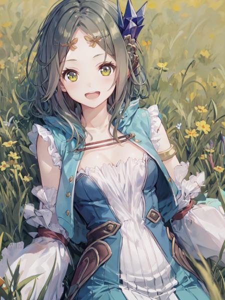 1girl, solo, masterpiece, best quality, charfirisnorm, upper body, looking at viewer, open mouth, smile, hair ornament, circlet, arms at sides, lying, field, grass, <lora:firisv1i-000014:0.8>