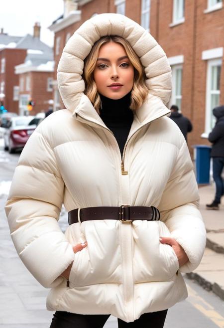 (white Oversized sherpa down coat, white Oversized sherpa puffer coat, white Oversized sherpa winter clothes, very very cold, in cold:1.5), semi-realistic, (full body:1.5), (puffer hood:1.5), (fur boots:1.5), (tight pants:1.5), (belt:1.5), sharp eyelid, eyeliner, eyelashes, beautiful detailed eyes, tsurime, short hair, blonde hair, wet hair, (wet:1.5), blue eyes, messy hair, sidelocks, perfect anatomy, (walking:1.5), (town:1.5), (street, daytime, snow, winter, cold winter, snowing:1.5), detailed background, highres, best quality, olive skin, android 18, mother, milf, solo, perfect eyes, perfect face, masterpiece, best quality, finely detailed beautiful eyes and detailed face, ultra-detailed, anextremely delicate and beautiful, intricate details, lovely lips, delicate facial features, blush, 8k_resolution, smile, hair tucking,