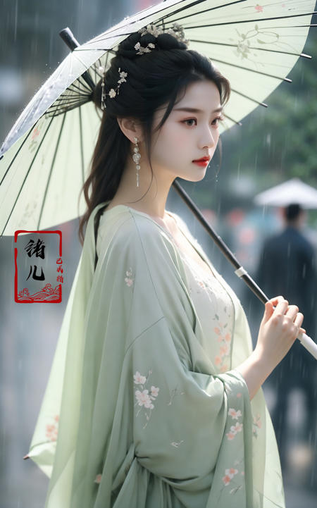 A woman holds a oil-paper umbrella on her shoulder to shelter from the rain as part of a fashion event in the style of Yue Xiaofei, light jade, ethereal dream, Tang Youhong, elegant, detailed design, dansaekhwa
Joil-paper umbrellachinese clothesholding umbrellarain
<lora:~Q?-ON-Noil paper umbrella:0.9>