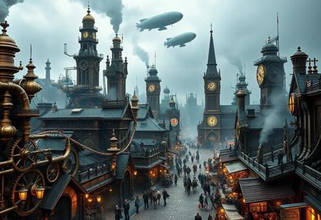 steampunk cityscape, towering Victorian architecture, intricate brass gears and cogs, steam-powered machines, large mechanical structures, copper pipes running along buildings, foggy streets, Victorian-style clothing, horse-drawn carriages mixed with mechanical transports, giant steam engines, glowing lanterns lighting the streets, smoky atmosphere, detailed clock towers, steam rising from vents, brass and bronze tones, intricate mechanical textures, retro-futuristic airships floating above, high contrast lighting, photorealism, industrial revolution vibes, detailed cobblestone roads, ornate ironwork on buildings, massive steam-powered robots, clockwork devices, high resolution, ((masterpiece)), airships casting shadows over the streets, bustling market stalls, brass-colored sky, fog-covered horizon, vibrant marketplace with mechanical vendors