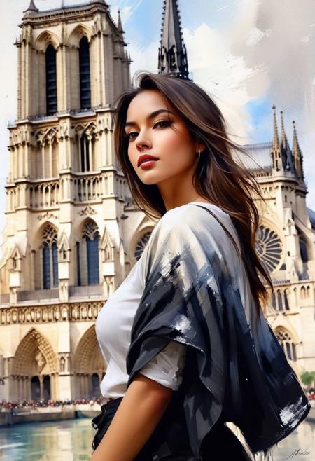 Portrait, close-up, Masterpiece, best quality, half body, only one very beautiful French woman in fashion design Clothes, ink painting style, landmark Notre Dame Cathedral, perfect poses,
soft colors, smooth strokes, low angle, ink painting in the style of such artists, Style by Gabriele Dell'otto, AI Midjourney, bright saturated colors, paints,
Darek Zabrocki, Russ Mills, Antonio Mora, Benedick Bana, Sakimichan, Loish,Movie Poster