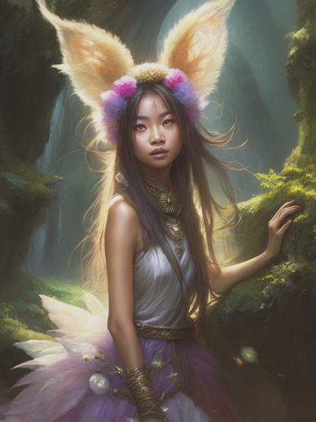 <lyco:WendyFroud:1.0> fantasy art of a beautiful teenage asian girl as a cute pooka fairy with an aura by brian froud and james paick and jean-baptiste monge done as 3D render, ultra detail, UHD 8K render, light airy clothing, wild thing, wildness