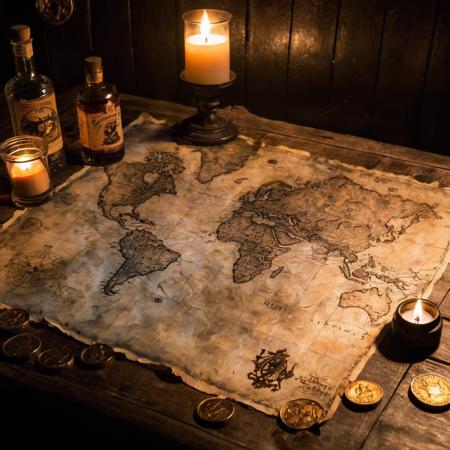 A realistic photo of a well-used pirate's map, spread out on a rough wooden table in the ship's dimly lit cabin. The map, with its faded ink and frayed edges, is weighed down by a small, rusted sextant, and in the background, a flickering candle casts a warm glow, bringing out the intricate details of the map and the aged wood texture of the table. On the table there are some gold coins and a bottle of rum