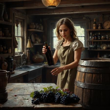 cinematic photo cinematic style, beauty, realism, photorealism, chiaroscuro, high quality, nai23face, a woman in a rustic cottage kitchen, barefoot and wearing a simple apron, bottling homemade wine from a barrel with bunches of grapes on the counter. 35mm photograph, film, bokeh, professional, 4k, highly detailed