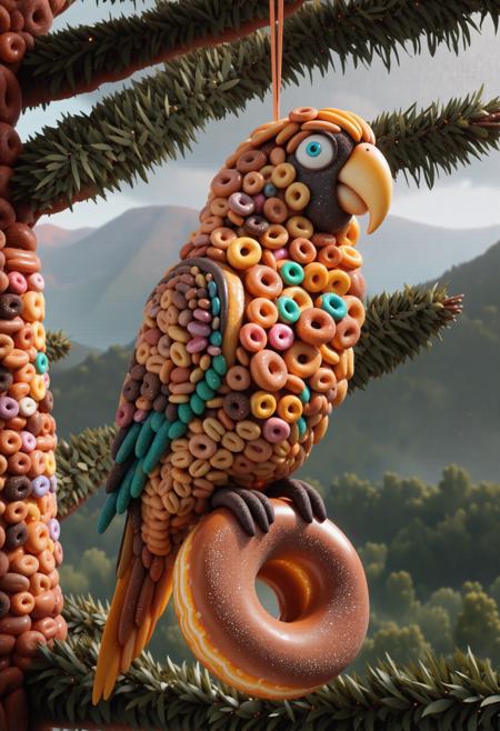 superb Pastels artwork, awardwinning 3D Game art, 8k Redshift render, hyper detailed, zoomed out of a Twisted Dark traditional Argentinian (d0nu71f13d,made of doughnuts,score_9, score_8_up, score_7_up, score_6_up, a parrot on the tree, made entirely of donuts:1.3) , it has ornate details, it is with Rainbow print, Mysterious mountains in background, warm flora and Mist-shrouded vale, Thunderstorm, tilt shift, Movie still, Joyful, Hippiepunk, Rembrandt lighting, vanishing point, Film Washi, influential, atmospheric, Italian horror, action-packed, dystopian, high-octane, expressive brush strokes, arthouse, Flickr, (cinema art stylized by Mario Bava:1.2) , (George Miller:1.3)