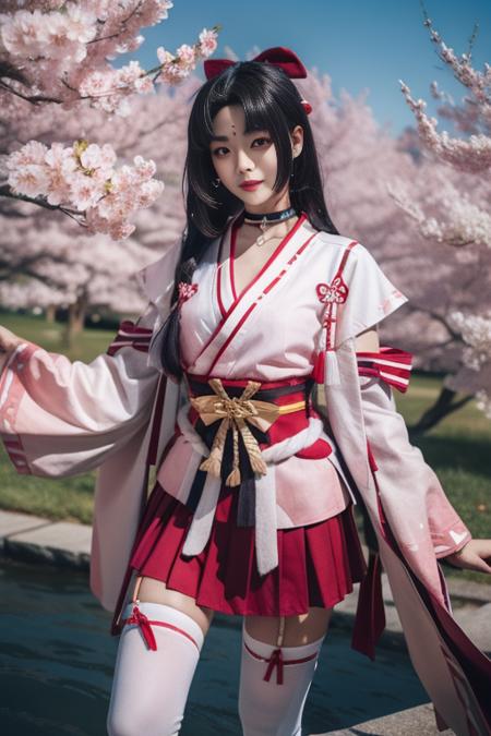 yaodaoji, 1girl, solo, cosplay, japanese clothes,choker, forehead mark, bow,white thighhighs, ribbon, skirt,long sleeves, miko, sash, ribbon trim, hair bow, hair ribbon, long hair, bangs,