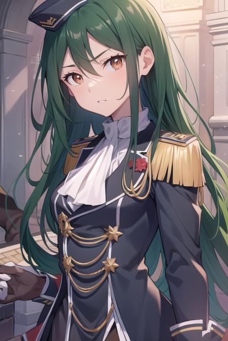 cruschkarsten, <lyco:cruschkarsten-lyco-nochekaiser:1>,
crusch karsten, long hair, hair between eyes, green hair, (brown eyes:1.4),
BREAK gloves, long sleeves, hat, jacket, boots, frills, white gloves, black footwear, uniform, military, ascot, military uniform, armband, epaulettes, white ascot,
BREAK looking at viewer, full body,
BREAK outdoors,
BREAK <lyco:GoodHands-beta2:1>, (masterpiece:1.2), best quality, high resolution, unity 8k wallpaper, (illustration:0.8), (beautiful detailed eyes:1.6), extremely detailed face, perfect lighting, extremely detailed CG, (perfect hands, perfect anatomy),