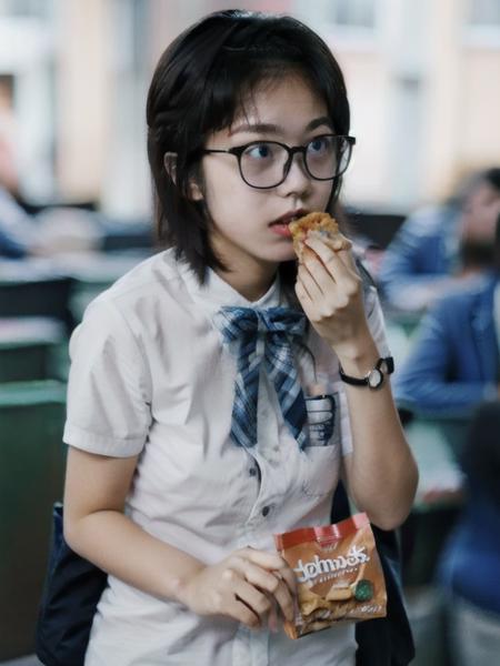 good hand,4k, high-res, masterpiece, best quality,
<lora:InstantPhotoX3:0.7>, <lora:20230612011402-000005:1>,1girl,wearing school uniform, short hair,glasses,upper body,looking at viewer, holding A small bag of snacks, masterpiece, best quality,