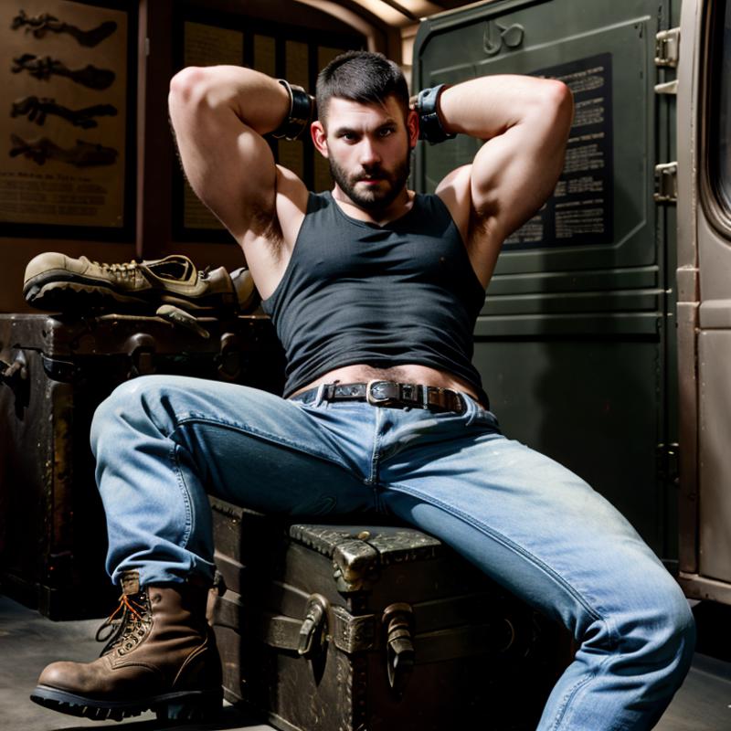 A shirtless man sitting on a suitcase with his arms crossed.