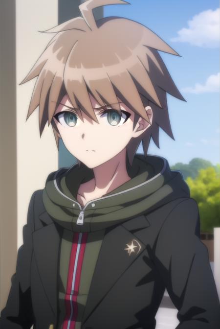 makotonaegi, <lora:makoto naegi s1-lora-nochekaiser:1>,
makoto naegi, short hair, bangs, brown hair, hair between eyes, (brown eyes:1.3), ahoge, male focus,
BREAK long sleeves, collarbone, jacket, black jacket, hoodie, hood down, green hoodie,
BREAK outdoors, classroom,
BREAK looking at viewer, (cowboy shot:1.5),
BREAK <lyco:GoodHands-beta2:1>, (masterpiece:1.2), best quality, high resolution, unity 8k wallpaper, (illustration:0.8), (beautiful detailed eyes:1.6), extremely detailed face, perfect lighting, extremely detailed CG, (perfect hands, perfect anatomy),