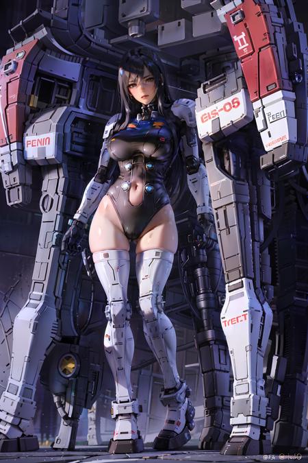 gundam\(rx78\), reika\(gantz\), reika\(shortsuit\), (8k, best quality, masterpiece:1.2), (realistic, photo-realistic:1.37), ultra-detailed, 1 girl, cute, solo, sad, beautiful face, great breasts, black eyes, looking at viewer, in the middle of the battlefield, sparkle, night, from below,mecha armor