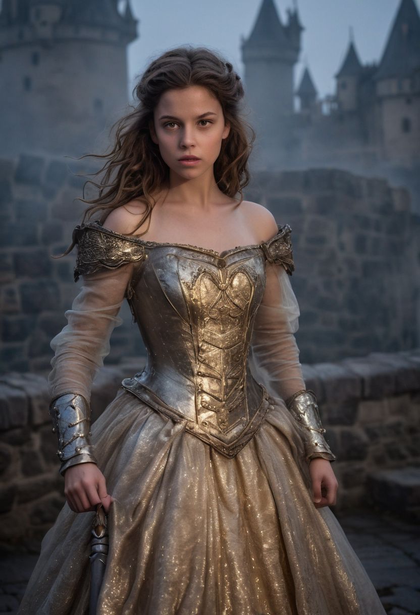 Close Up shot of  Belle from the Beauty and the Beast tale as a princess warrior, she IS a very beautiful girl, brown wavy hairstyle, beautiful, silver steel armour, golden dirt gown, wind, at night, fog, mist, interior of a castle at the background, National Geographic photography awarded masterpiece