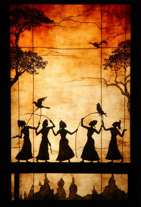 Visualize a traditional Indian shadow puppet theatre performance, rendered as a Cubist stained-glass panorama. Intricately carved leather puppets dance across a backlit screen, casting dramatic shadows. A puppeteerâs hands, partially visible, manipulate the puppets with skill and artistry. The color palette utilizes deep sepia, burnt orange, indigo, and charcoal gray, emphasizing the theatrical lighting and shadow play. Blend photorealistic details â the texture of the leather puppets, the grain of the wooden stage, the intricate details of the shadows â with the geometric abstraction of Cubism. The overall composition should convey a sense of enchanting storytelling, cultural heritage, and the magic of shadow and light, deeply immersed in a dramatic interplay of light and shadow.