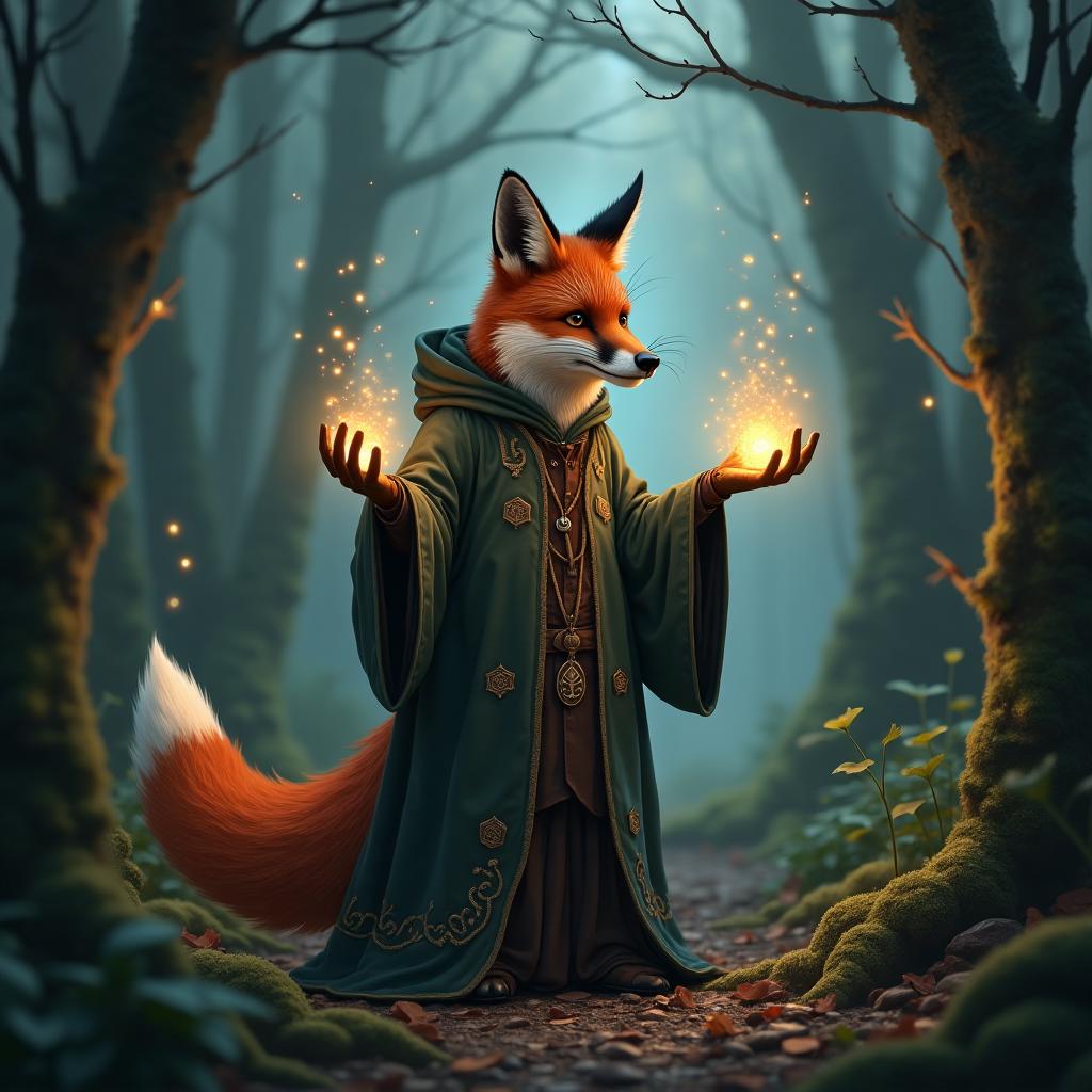 A fox wearing a wizard's robe casting spells with glowing runes in a mysterious, enchanted forest