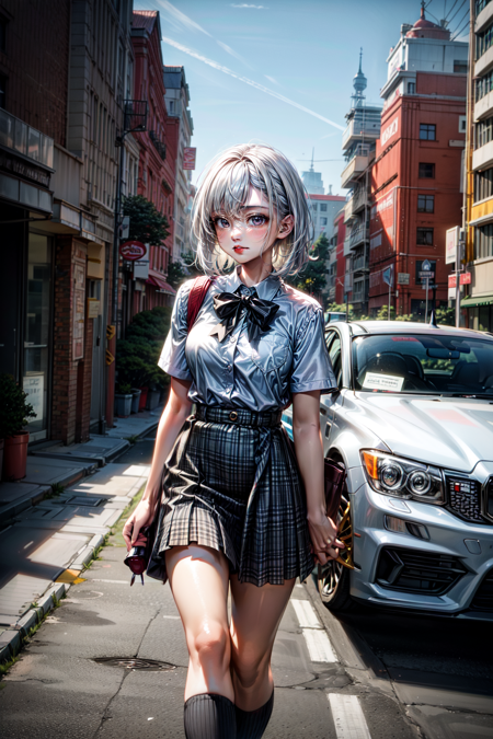 1girl, white hair, in school uniform, walking to school, in an urban area, resident buildings, cars, beautiful, (RAW photo, best quality),  (Masterpiece), 8k, best quality, ultra-detailed, cinematic lighting,  <lora:more_details:1>